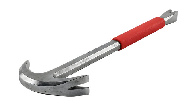 Steel demolition pry bar with a curved claw end, nail puller slot, hexagonal shaft showing minor surface wear, and a thick red textured rubber grip handle, isolated on a clean white background