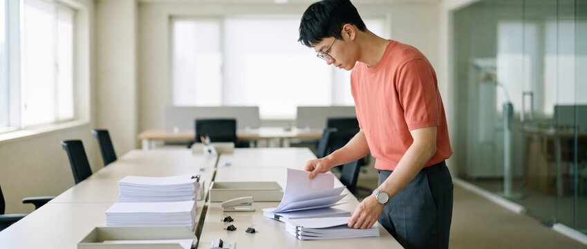 Generative AI, Asian man sorting and organizing stacks of documents in a meeting room