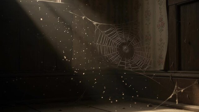 Dusty spider web in abandoned room with sunlight streaming through