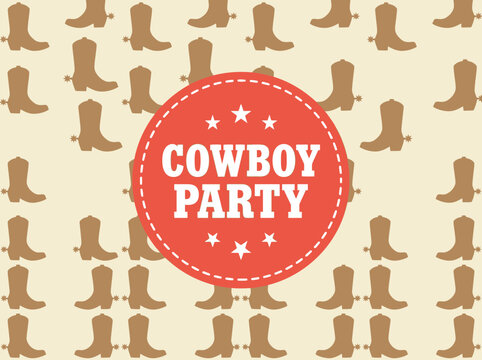 Cowboy Party Invitation Background with Western Boots Pattern and Red Badge Vector
