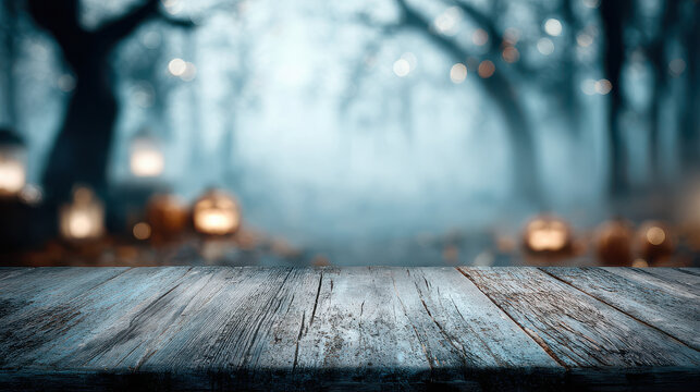 Halloween mockup background with empty rustic wooden table and blurred spooky background