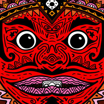 Ornate Red Tribal Sundanese Puppet Cepot Mask Illustration with Symmetrical Eyes and Decorative Folk Art Patterns