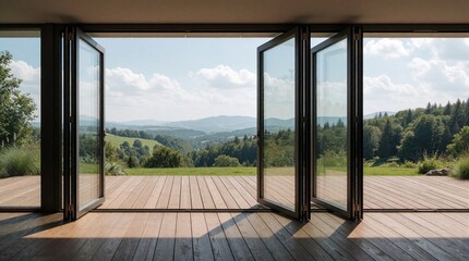 Fototapeta premium Modern aluminum folding doors open to wooden terrace. Large glass bifolds connect indoor living space with scenic mountain view. Sunny day shows rich green forest, rolling hills landscape.