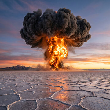 Massive mushroom cloud explosion rising over a desolate salt flat desert landscape at sunset.