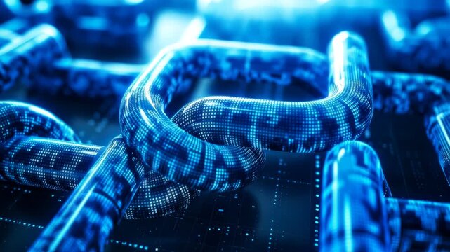 Glowing digital chain links shifting across a dark circuit grid, symbolizing secure blockchain technology, cryptocurrency networks, data connection, and cybersecurity in futuristic blue lighting