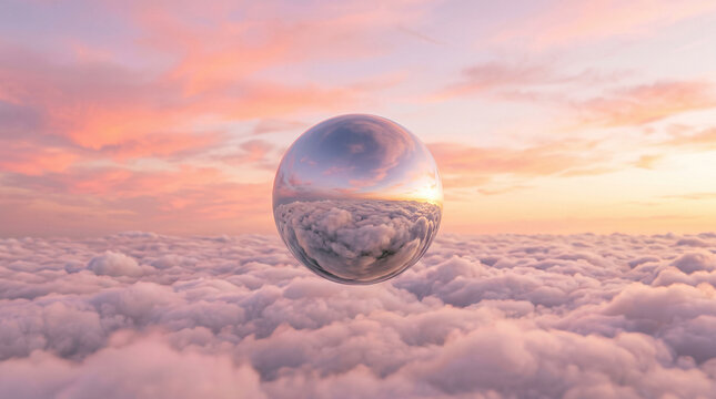 Mirror chrome sphere floating above fluffy clouds at pastel sunset, surreal minimal dream concept