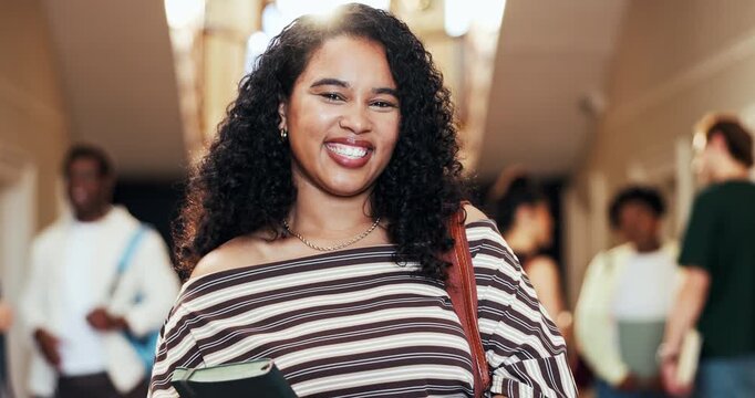 Laughing, face and woman in college, education and smile with scholarship for academic development. Confident, portrait and happy person with book, knowledge and study opportunity in university