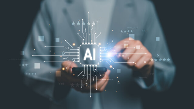 Businessman uses AI on smartphone to analyze customer ratings and feedback, representing artificial intelligence, review analysis, customer experience, automation and service improvement.
