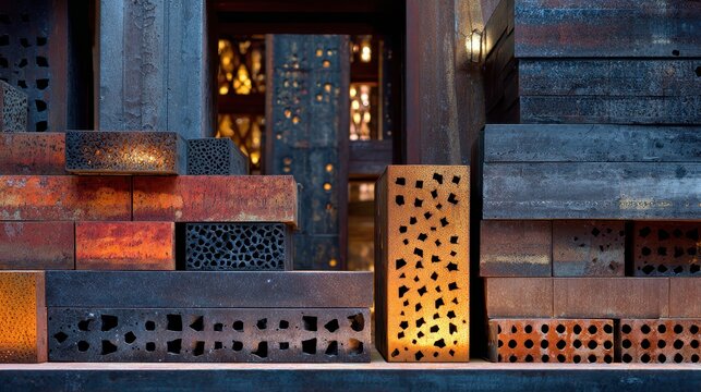 Weathered metal and brick blocks form an illuminated, textured architectural facade. This detailed view highlights material contrast and ambient light for interior themes.