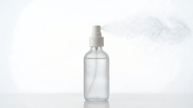 Clear frosted spray bottle emitting a fine mist, ideal for skincare, beauty products, or sanitizing solutions, set against a pristine white background for product showcase