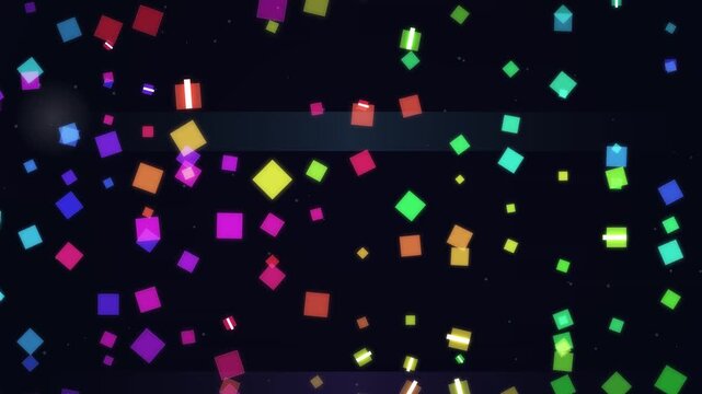 Colorful square patterns floating across a dark cosmic digital space