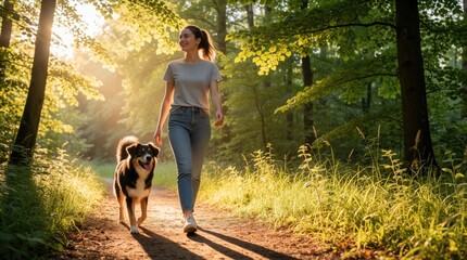 Obraz premium Happy young woman walks with mixed breed dog on forest path. Smiling female owner enjoys sunny afternoon stroll in park. Active lifestyle with pet companion during summer golden hour. Healthy