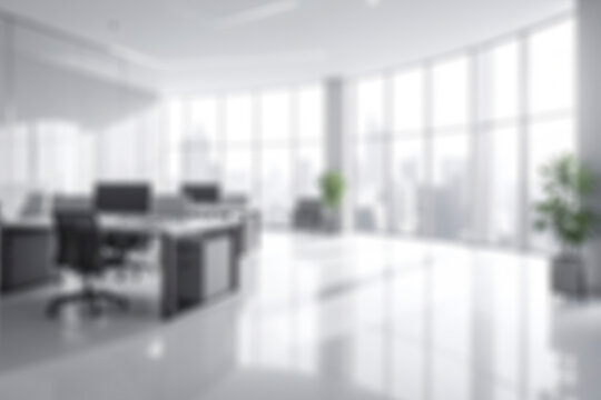 Blurred background of modern office with window and city skyline