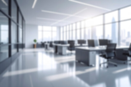Blurred background of modern office with window and city skyline