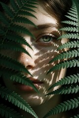 Obraz premium Close up portrait of young woman with freckles looking through green fern leaves. Natural skin texture, green eye visible behind forest plants. Shadows from foliage fall on face in moody outdoor