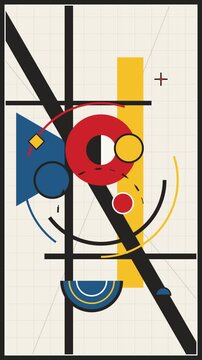 Bauhaus Style Abstract Geometric Animation With Moving Circles Triangles And Black Lines In Primary Colors On A Beige Background
