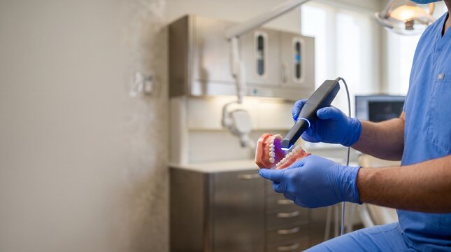 Dentist Scanning Dental Model with Intraoral 3D Optical Scanner in Modern Clinic