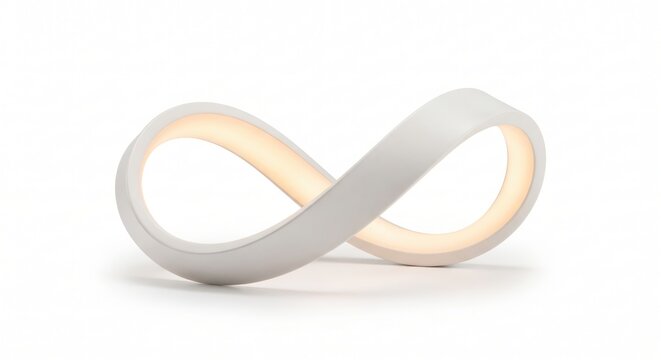 Minimalist infinity shaped led table lamp with warm white light on a plain white background