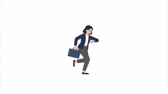 Professional businesswoman running and checking watch on white