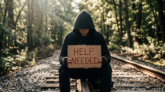 Hopeless homeless person wearing dark hoodie holding cardboard sign asking for help outdoors