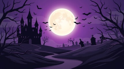 Fototapeta premium Spooky halloween castle landscape with full moon and bats