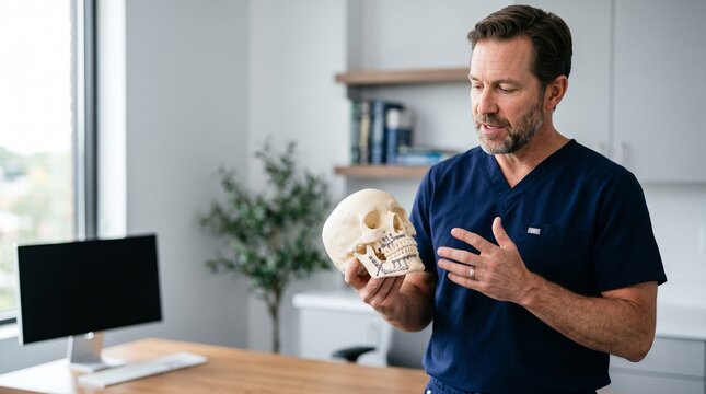 Maxillofacial Surgeon Explaining Jaw Reconstruction with Skull Model and Titanium Plates