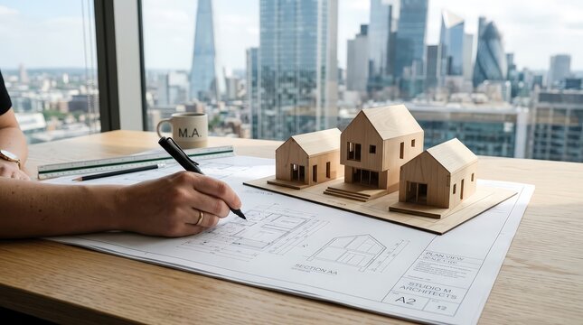 Architect drawing blueprints on wooden desk next to small wooden house models with cityscape view