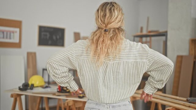 Woman carpenter stands with hands on hips facing wood planks, tools and yellow hardhat on table in studio; confidence craftsmanship focus.