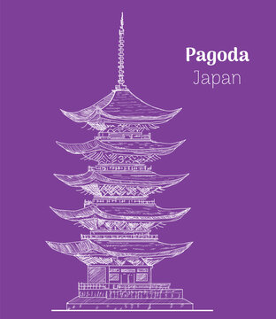 Japanese Pagoda Illustration with Traditional Multi-Tiered Architecture on Purple Background