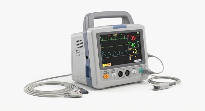 Portable patient monitor with vital signs display and pulse oximeter sensor cable on white background
