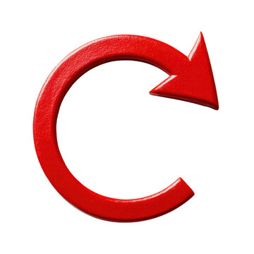 Glossy red clockwise arrow, curved 3D rotation symbol, circular refresh and repeat icon for interface design isolated PNG with Transparent Background