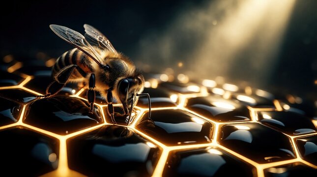 Macro shot of honeybee on glowing hexagonal honeycomb. Golden insect sits on shiny dark wax cells with warm light. Digital art shows detailed bee wings, nectar structure. Abstract concept of