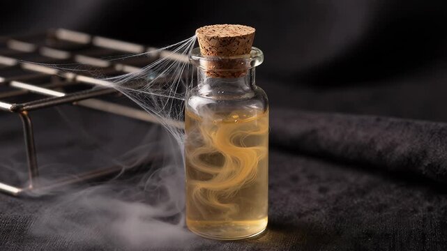 Mysterious Liquid Dripping from a Glass Bottle Surrounded by Fog