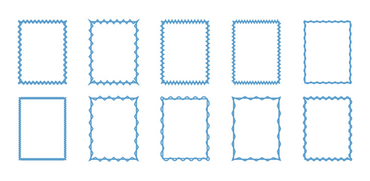 Squiggle frames set. Zigzag wavy edges, retro frames, psychedelic rectangles, photo frames, text boxes, tags, labels. Vector groovy shapes set. Vector illustration