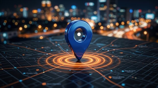 Glossy blue map pointer pinpointing target location on digital city navigation grid at night