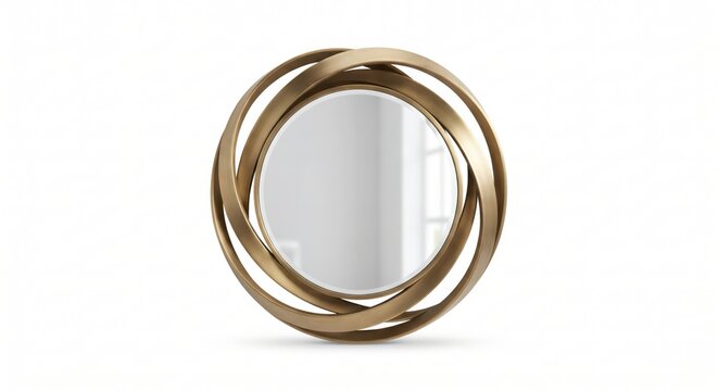 Round wall mirror with a decorative metallic bronze frame featuring interlocking circular rings in a contemporary style