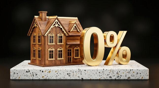 Wooden miniature house model with shiny golden zero percent symbol against dark background