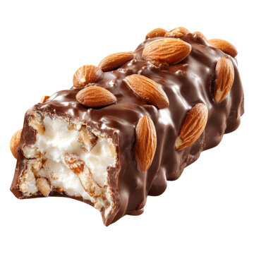 Chocolate almond candy bar with bite, milk chocolate nut confection with creamy filling, sweet snack food photography isolated PNG with Transparent Background