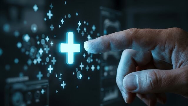 Human finger touching glowing digital medical plus sign interface symbol in dark futuristic laboratory