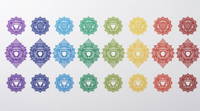 Seven colorful chakra symbols with intricate geometric patterns. Set of mystical mandala icons in rainbow colors for yoga, meditation. Spiritual energy center designs show sacred geometry in violet,