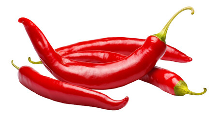 Obraz premium Heap of ripe red chili peppers with green stems, isolated on transparent cutout background
