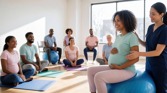 Diverse pregnant women, partners join prenatal yoga class in bright studio. Midwife assists expectant mother with exercises on blue fitness ball. Group of happy couples learn childbirth prep through