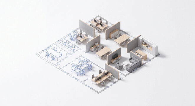 Isometric office floor plan render transforming from blueprint lines to furnished layout
