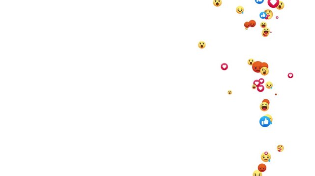 Floating Social media live streaming animation icon down to up explosion 4k motion graphic videos. Social media emojis of hearts, likes, heart eyes Alpha channel, transparent background. 4K resolution
