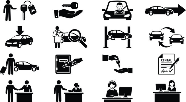 Car rental service stick figure pictogram icon set featuring vehicle leasing keys handover inspection repair drop off contract agreement