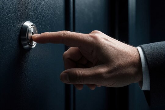 Close up of businessman hand pressing call button on dark door panel. Man in formal suit jacket reaches out to push buzzer for entry. Person uses finger to trigger doorbell signal at office building