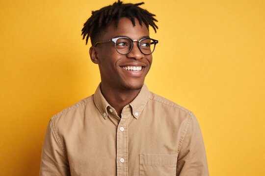 Young African American man with dreadlocks wearing glasses, casual tan shirt. Looks away with happy smile, joyful expression. Confident black guy laughs against bright yellow background. Stylish male