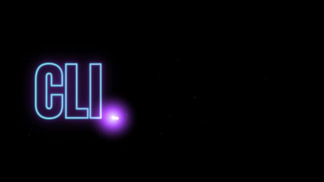 animated neon text click here sign with glowing blue and purple light effects on a black background