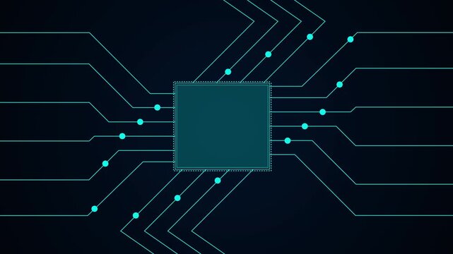 Glowing processor chip with circuit lines on dark background