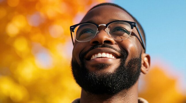 Smiling young Black man with beard, glasses looks up at sky. Happy African guy enjoys sunny autumn day in park. Close up portrait of cheerful person with joyful expression outdoors. Contentment,